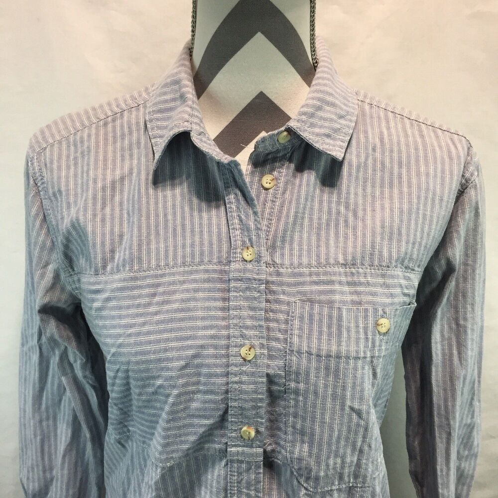 Topshop Moto Light Blue Striped Button Front Long Sleeve Shirt Womens Size 2 AA2